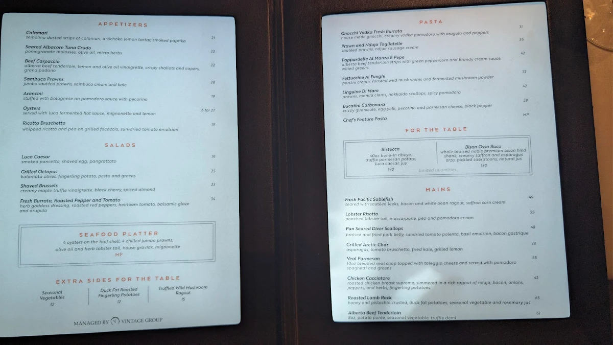 Menu, Luca Restaurant