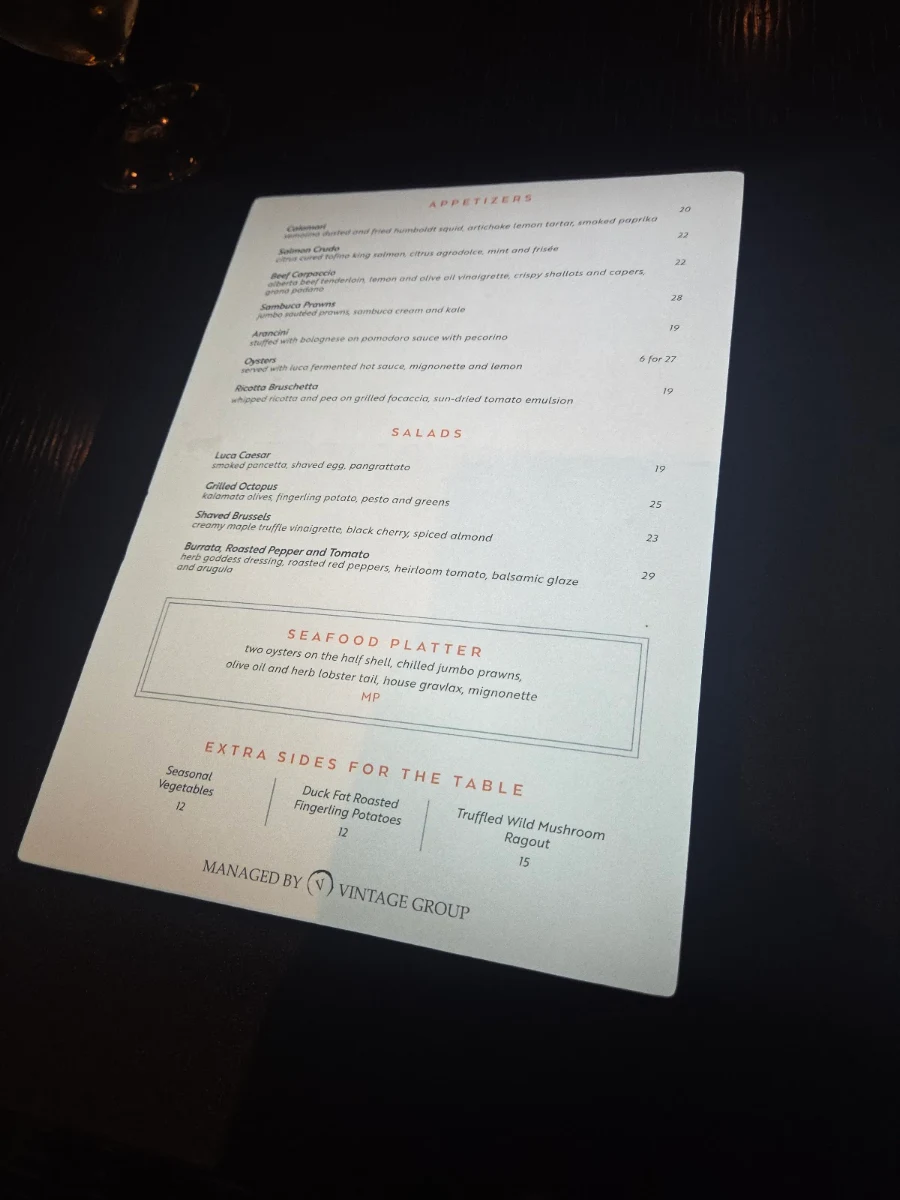 Menu, Luca Restaurant
