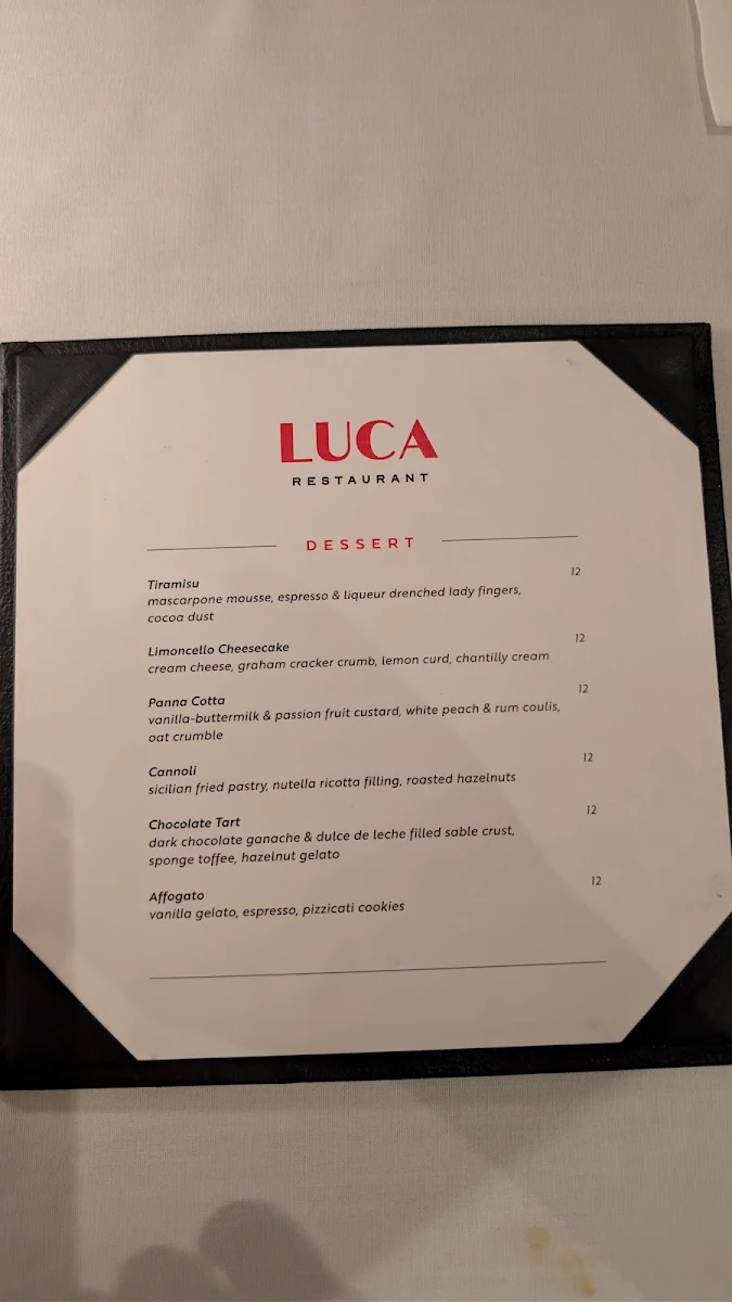 Menu, Luca Restaurant