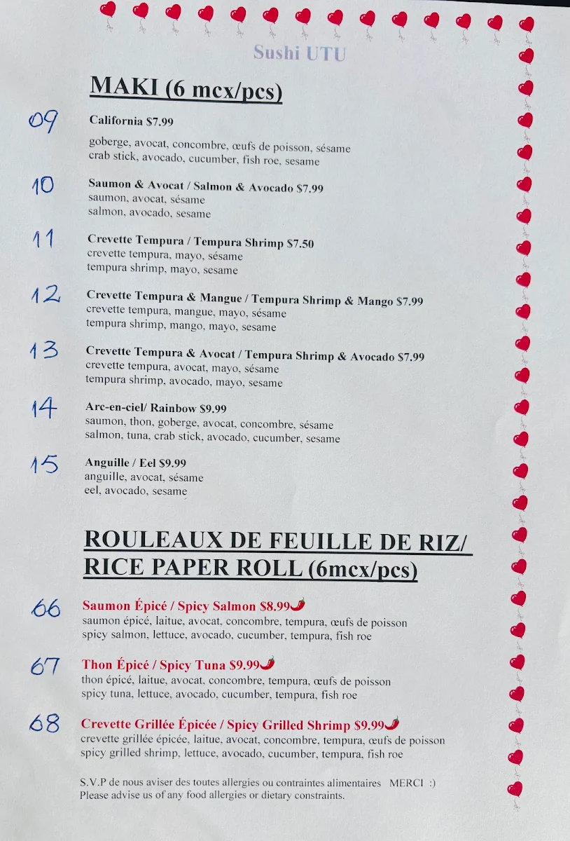 Menu, SUSHI UTU