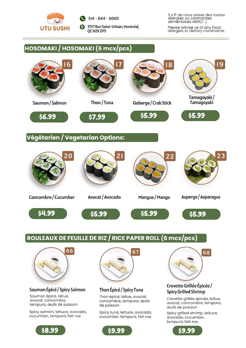 Menu, SUSHI UTU
