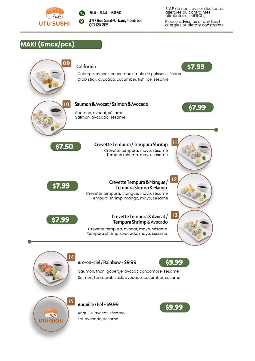 Menu, SUSHI UTU