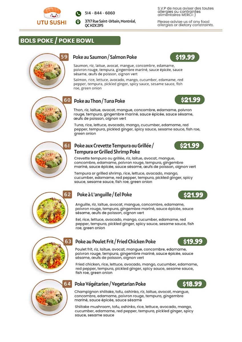 Menu, SUSHI UTU