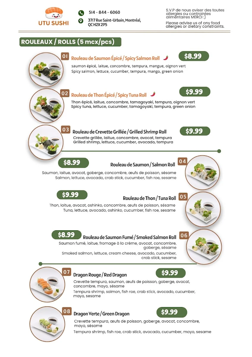 Menu, SUSHI UTU