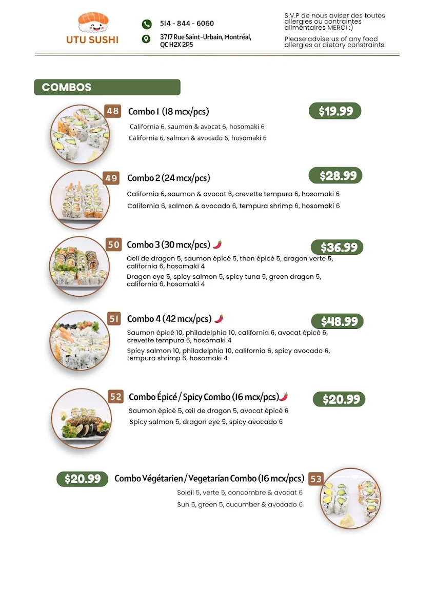 Menu, SUSHI UTU