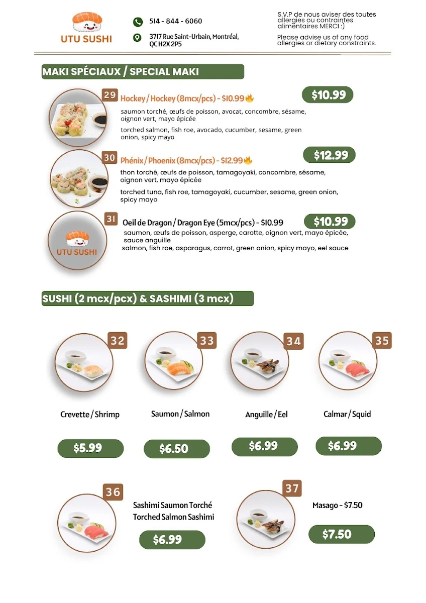 Menu, SUSHI UTU