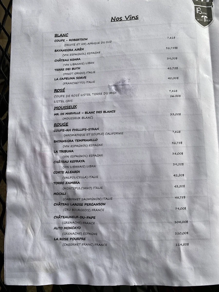 Menu, Bistro de la Tour