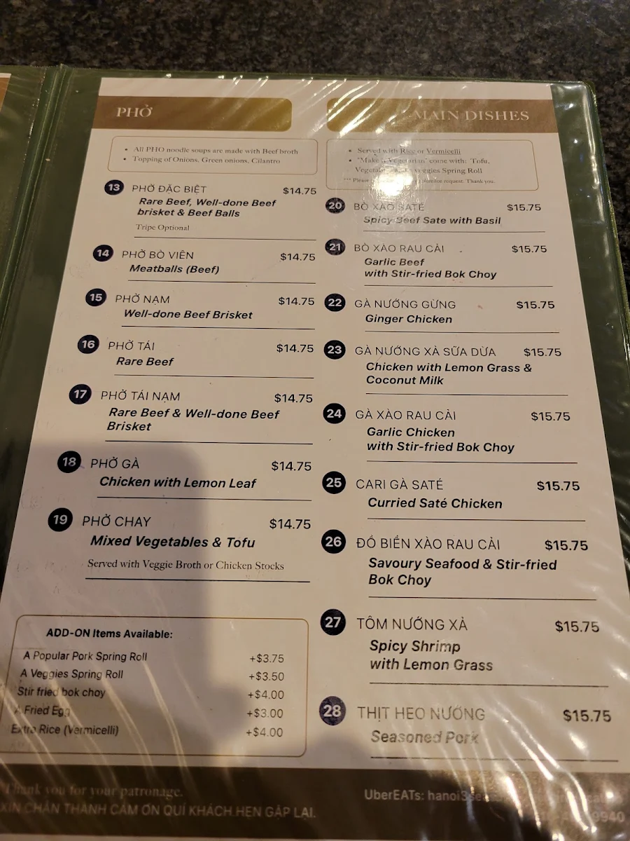 Menu, Hanoi 3 Seasons