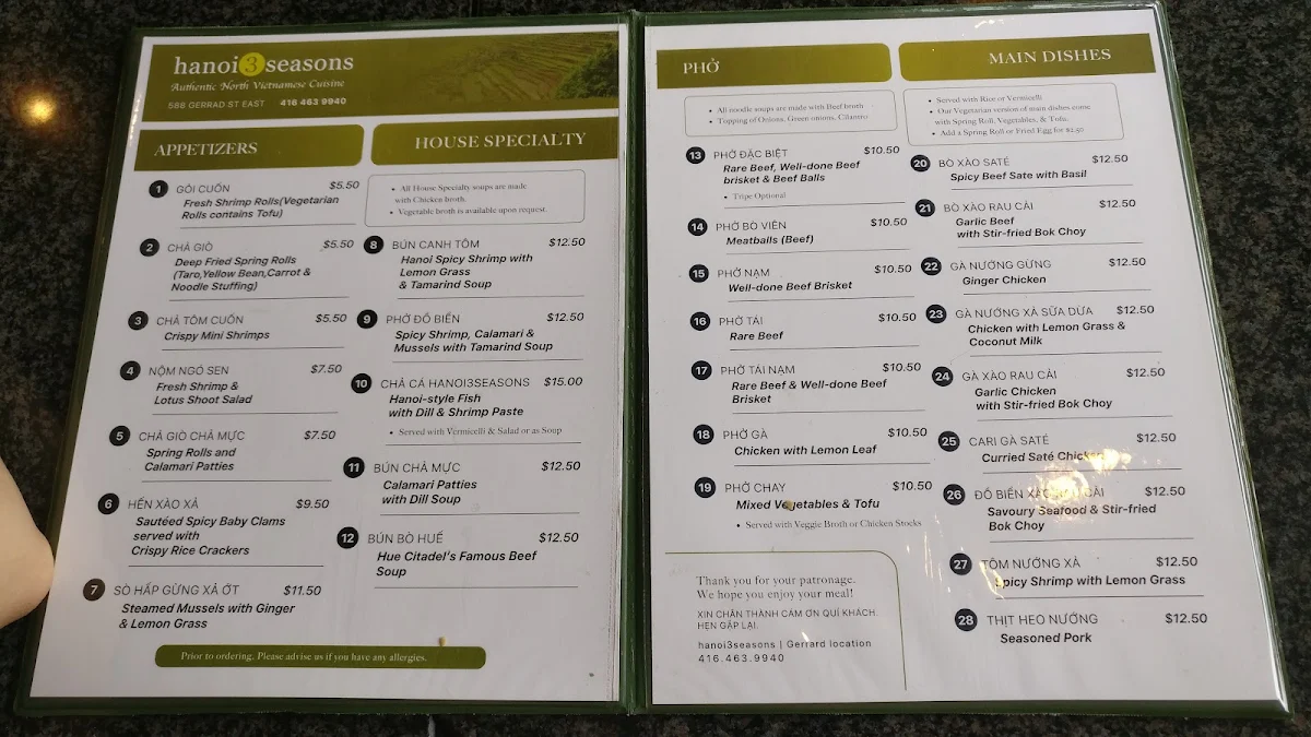 Menu, Hanoi 3 Seasons