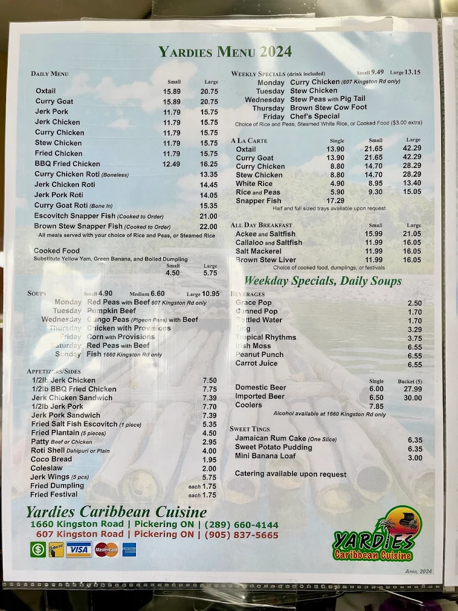 Menu, Yardies Caribbean Cuisine