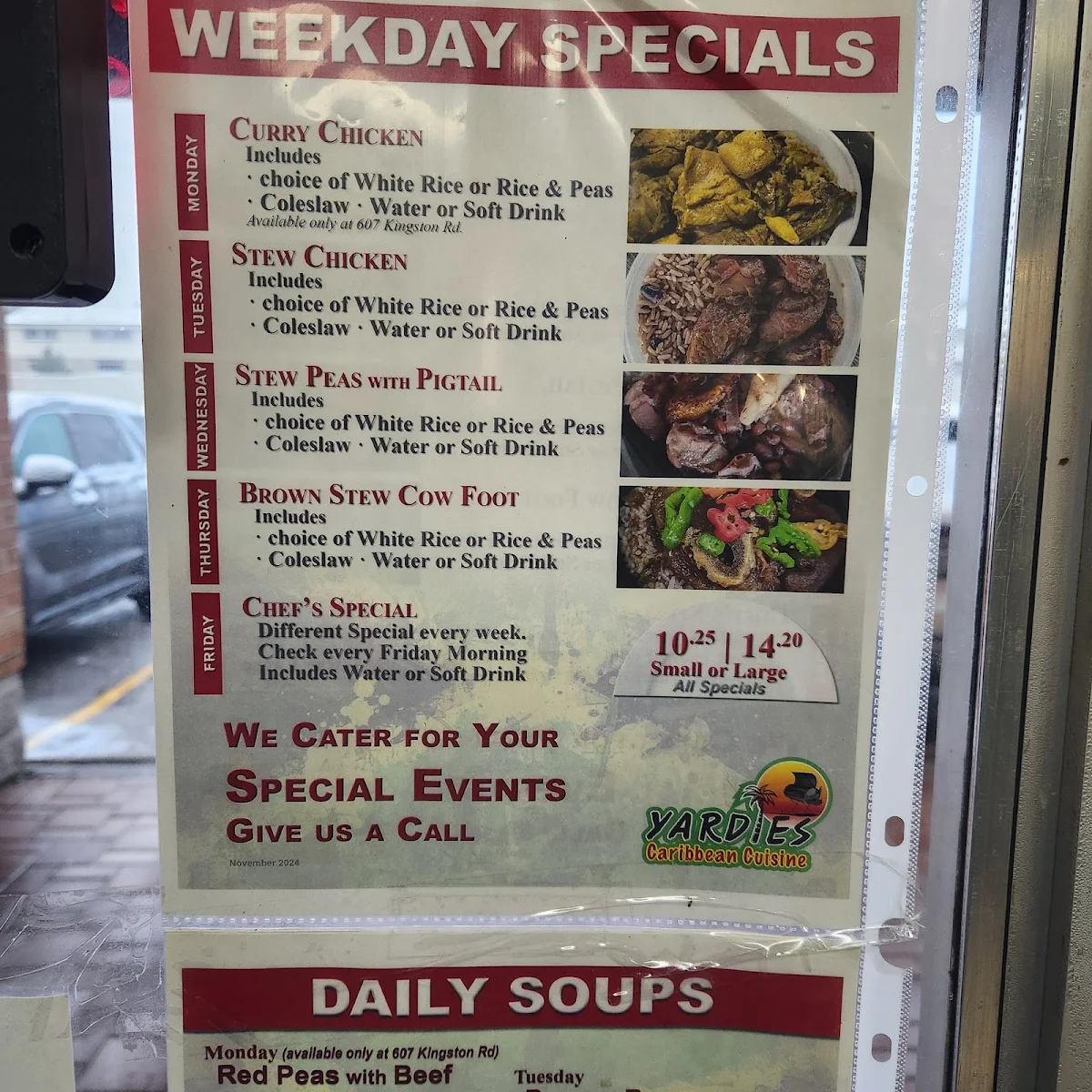 Menu, Yardies Caribbean Cuisine