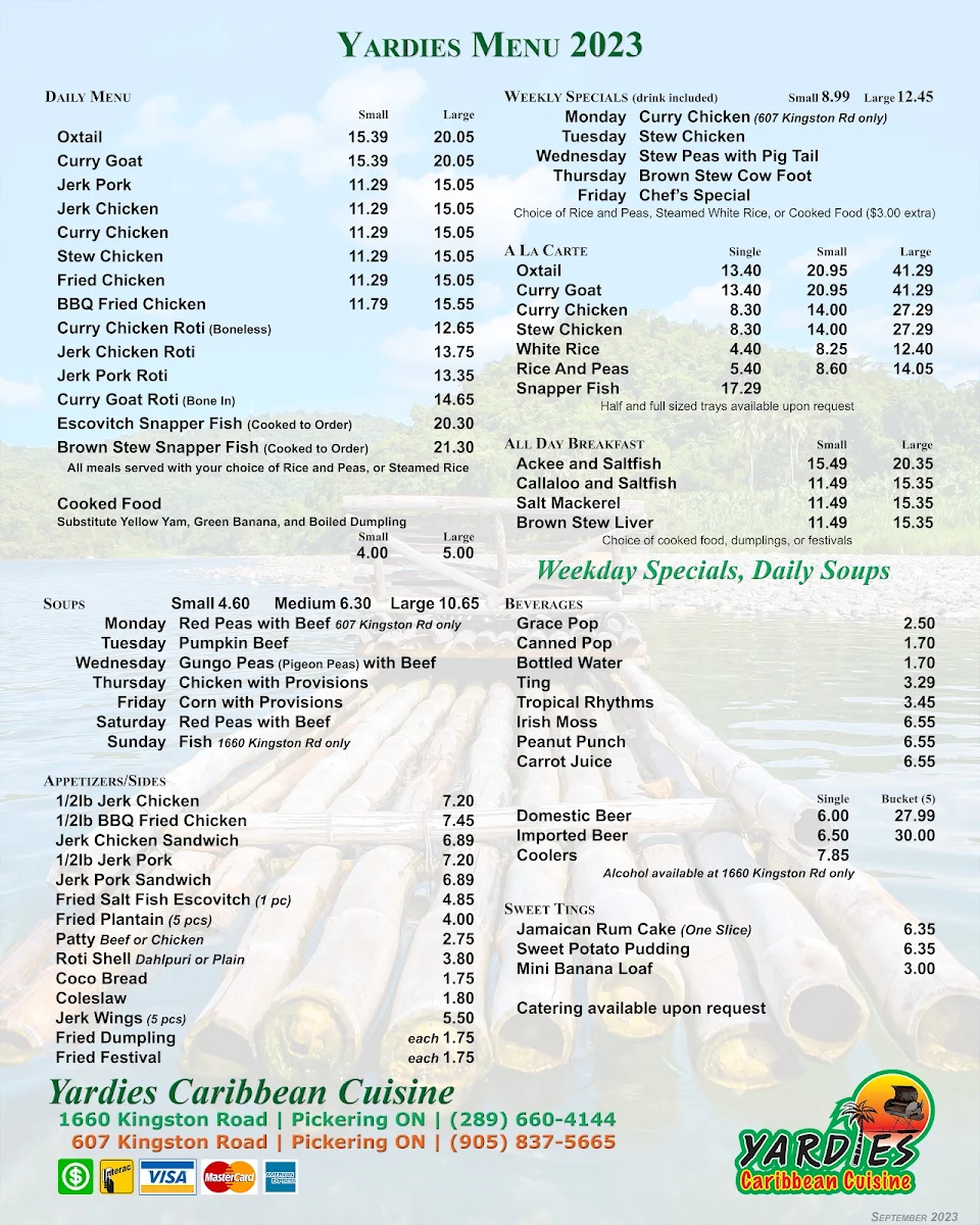 Menu, Yardies Caribbean Cuisine