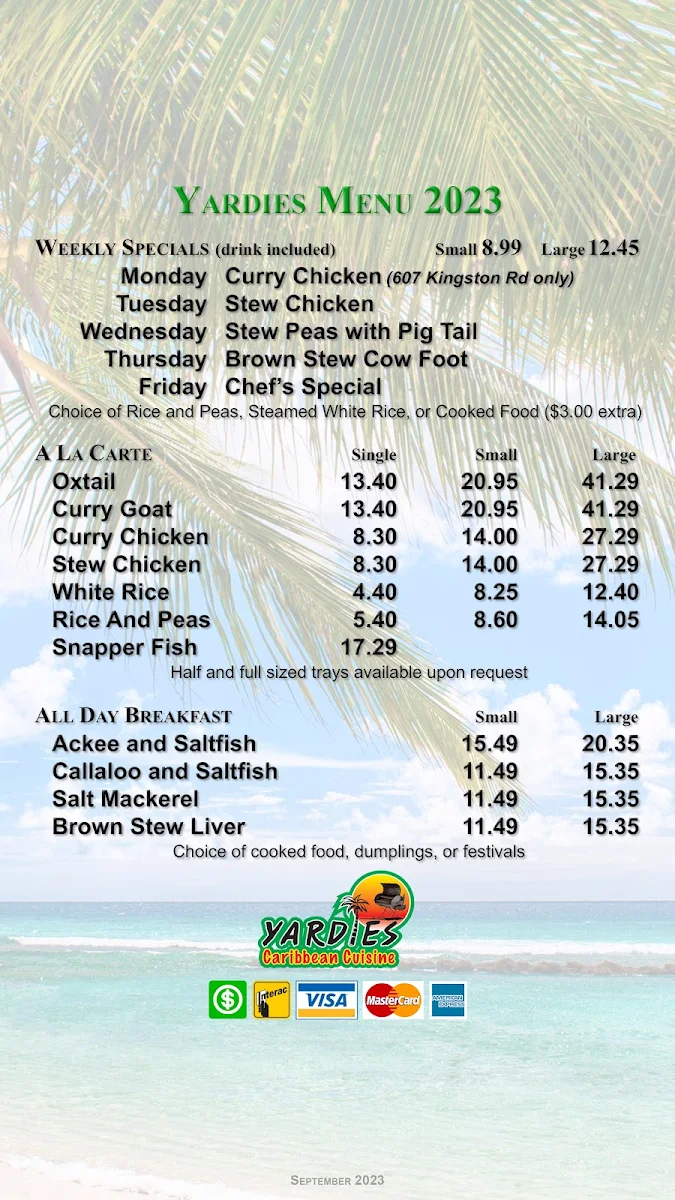 Menu, Yardies Caribbean Cuisine