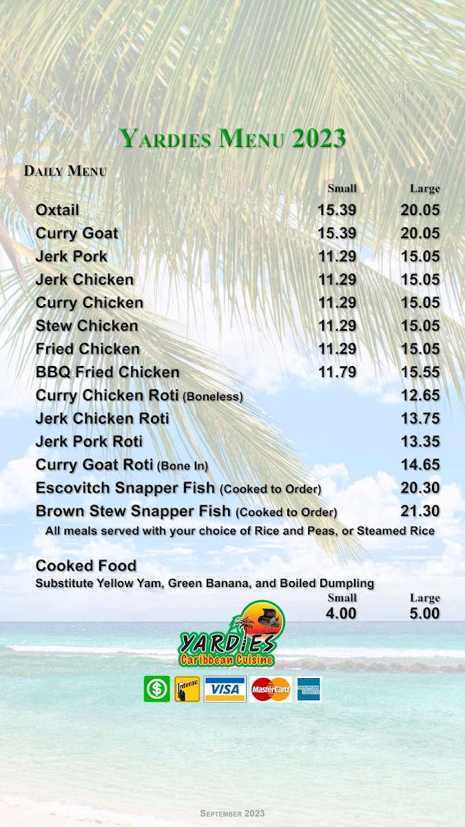 Menu, Yardies Caribbean Cuisine