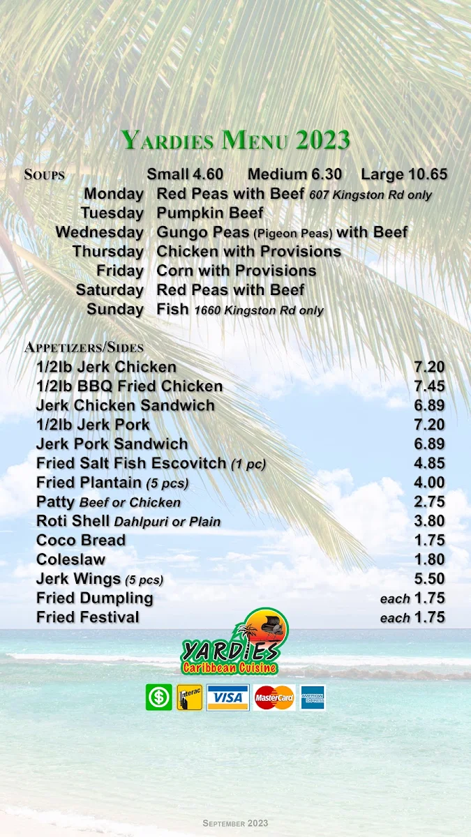 Menu, Yardies Caribbean Cuisine