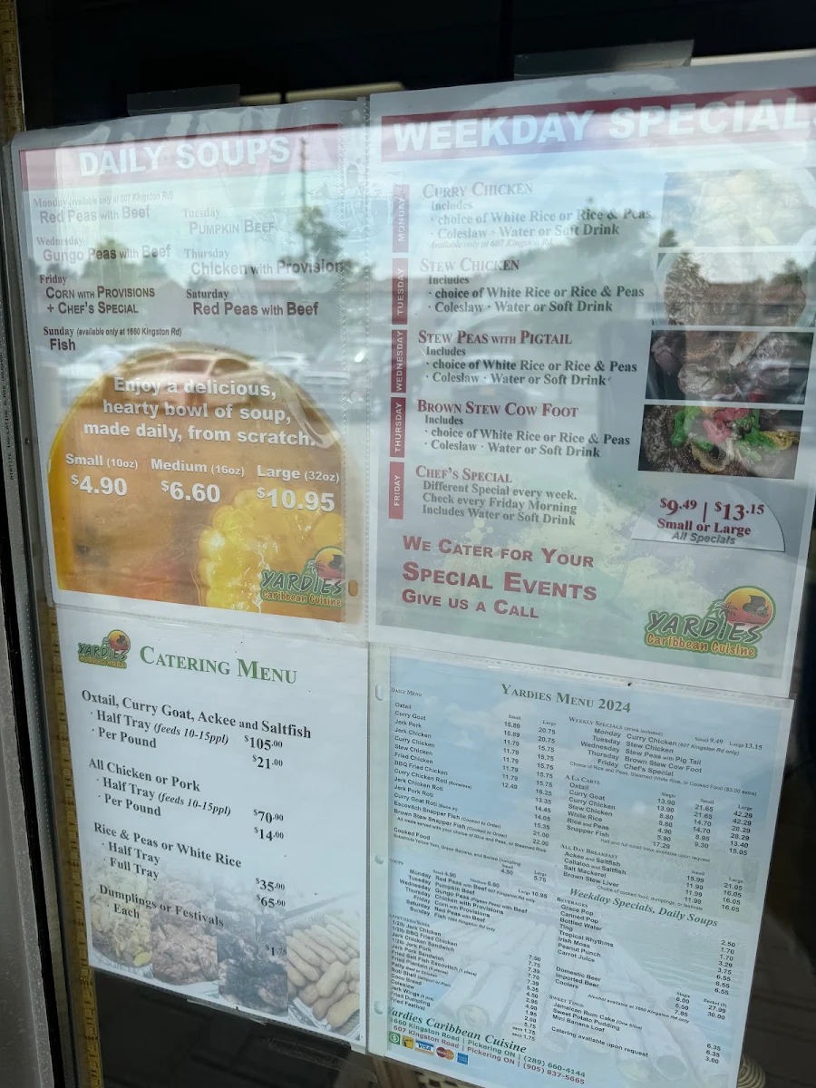 Menu, Yardies Caribbean Cuisine