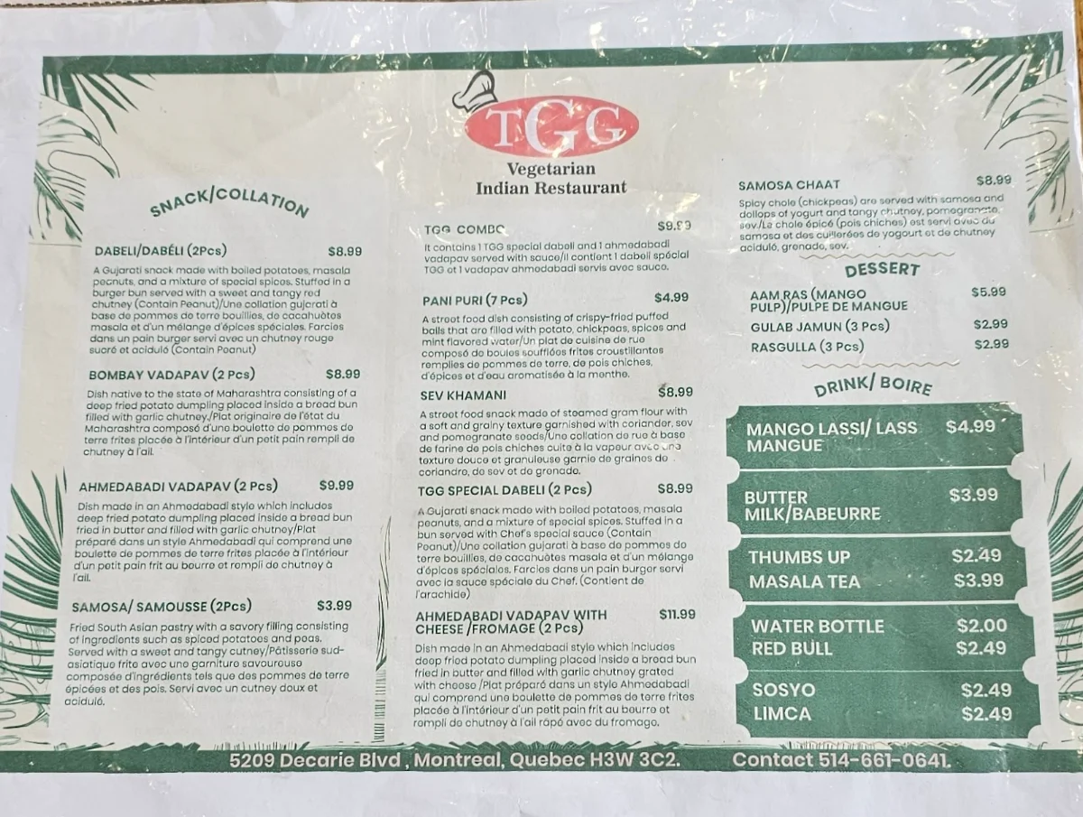 Menu, TGG Indian Restaurant - Authentic Gujarati Cuisine