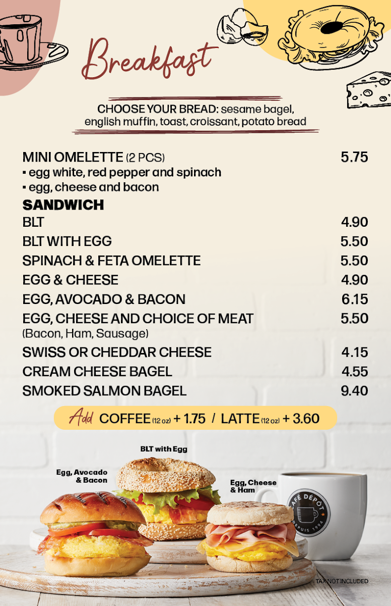 Menu, Café Dépôt Express