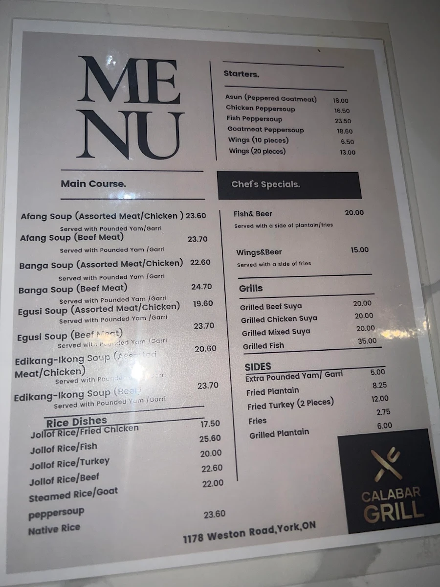 Menu, Calabar Grill & Bar Toronto