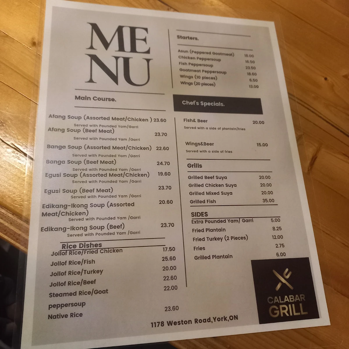 Menu, Calabar Grill & Bar Toronto