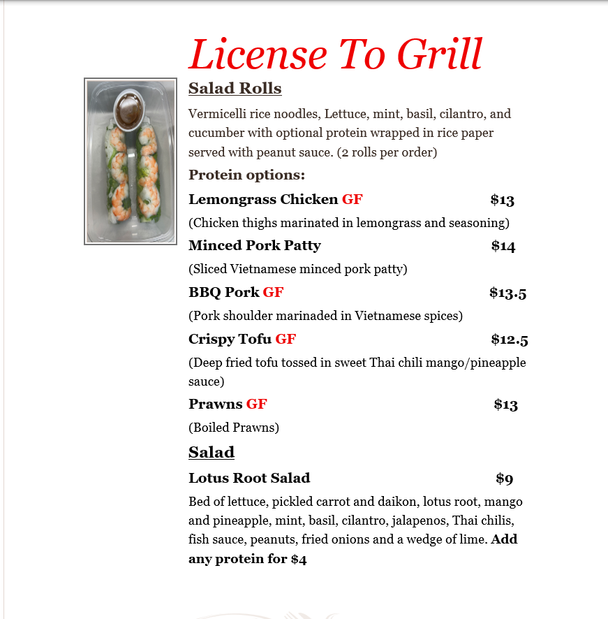 Menu, License to Grill