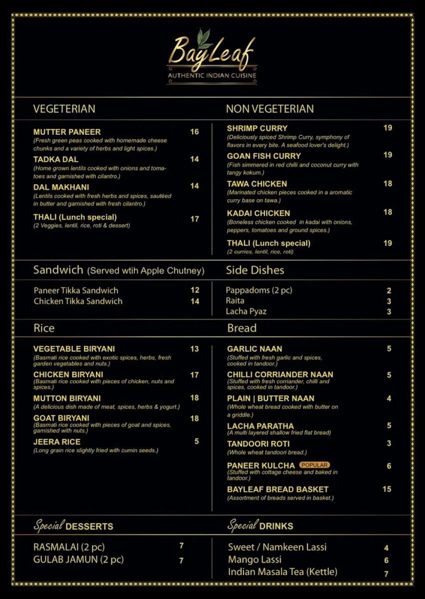 Menu, BayLeaf Authentic Indian Cuisine