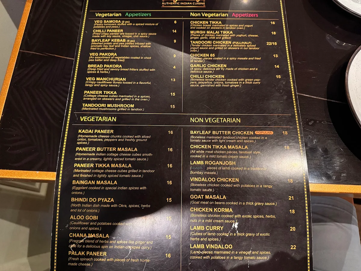 Menu, BayLeaf Authentic Indian Cuisine