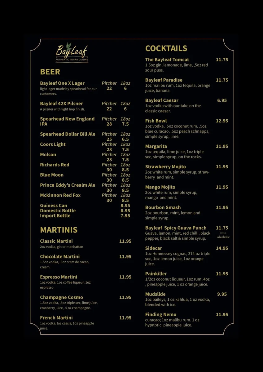 Menu, BayLeaf Authentic Indian Cuisine
