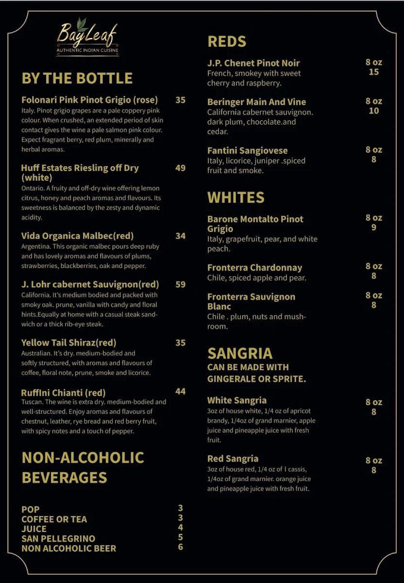 Menu, BayLeaf Authentic Indian Cuisine