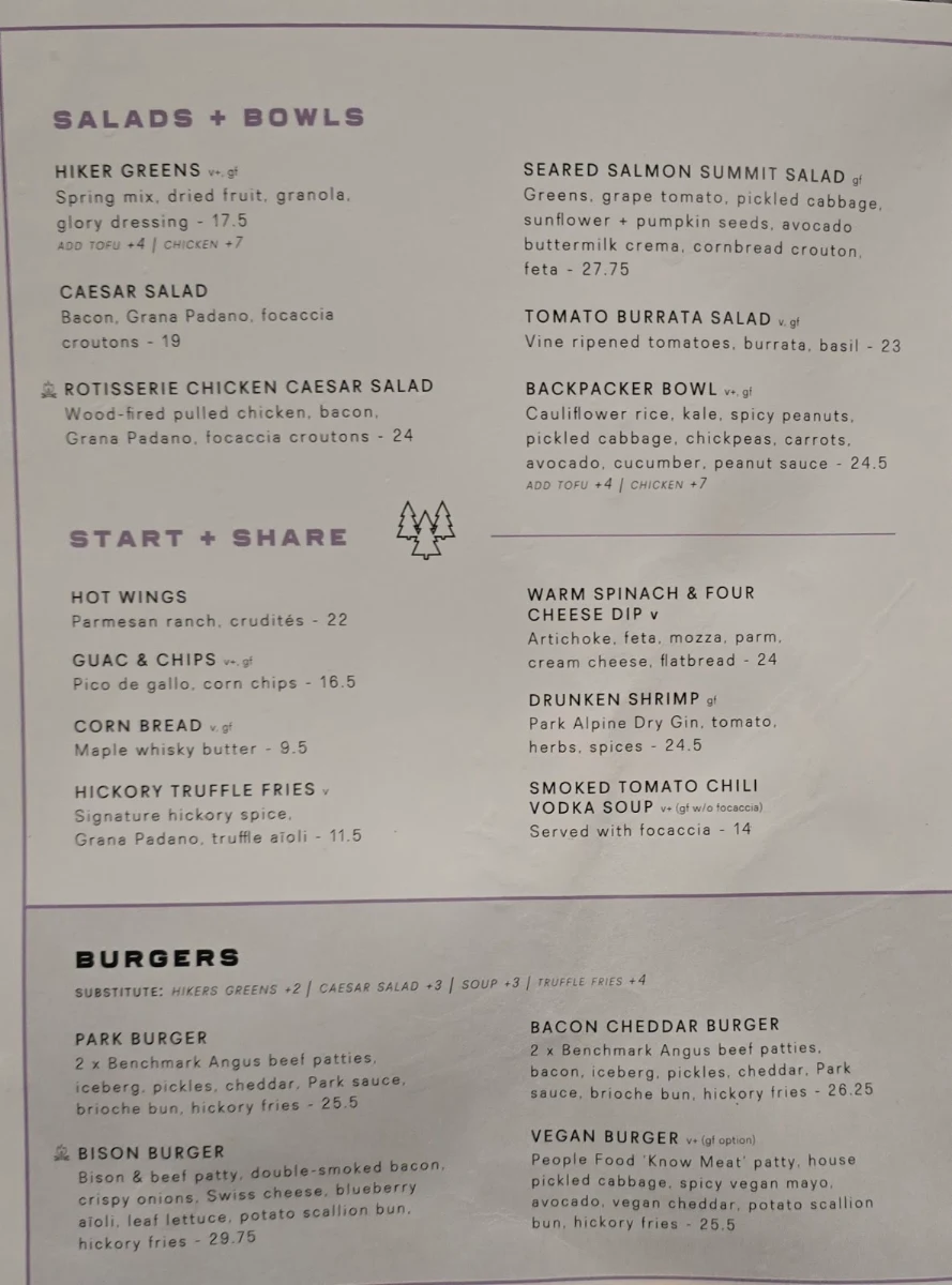 Menu, PARK Distillery Restaurant + Bar