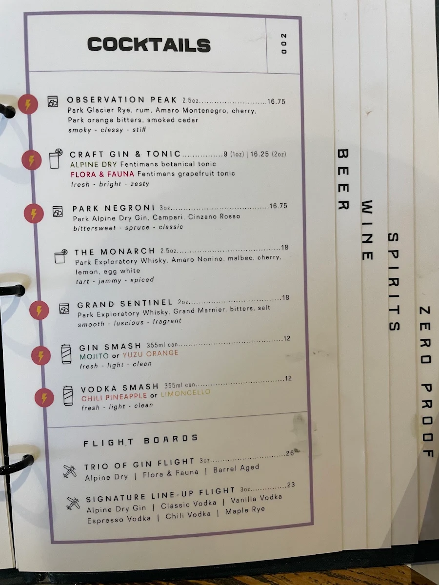 Menu, PARK Distillery Restaurant + Bar