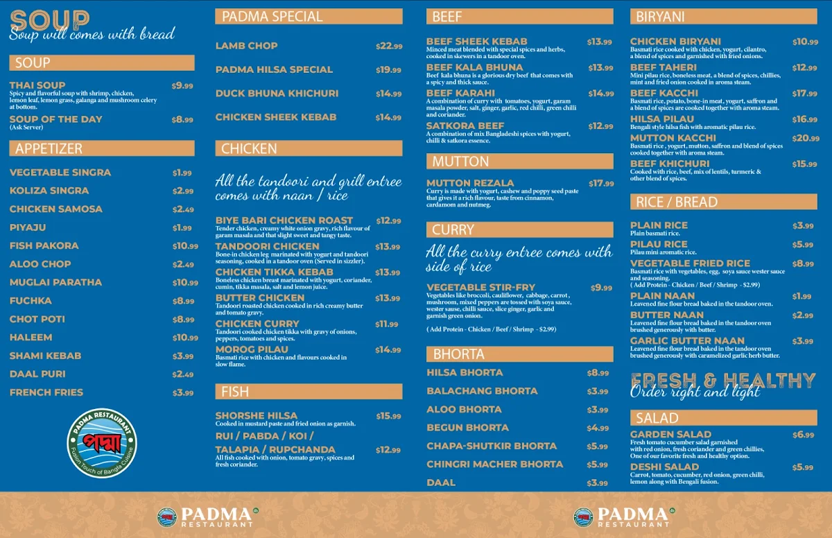 Menu, Padma Restaurant