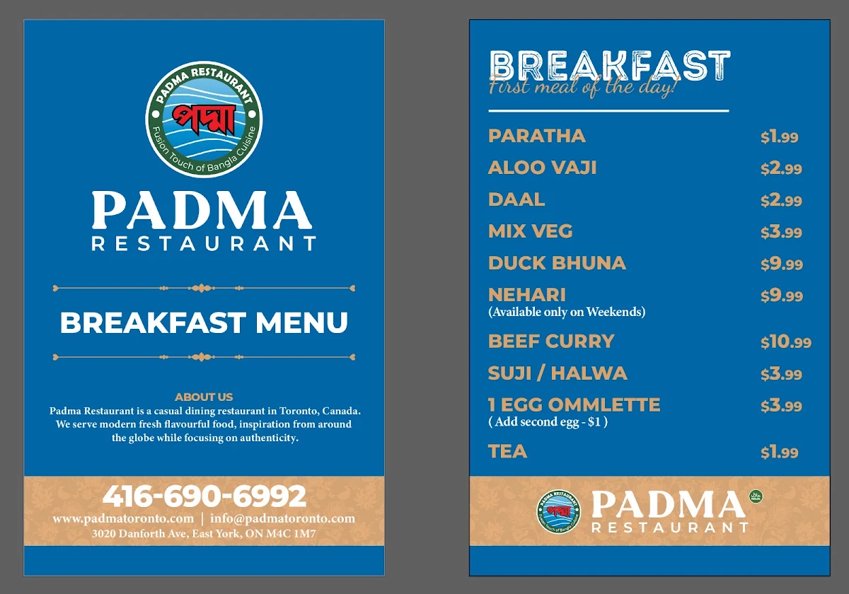 Menu, Padma Restaurant