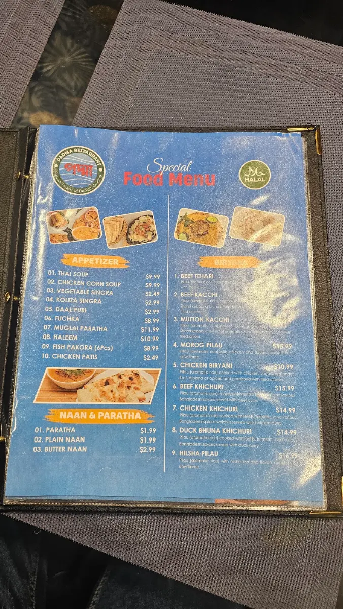 Menu, Padma Restaurant