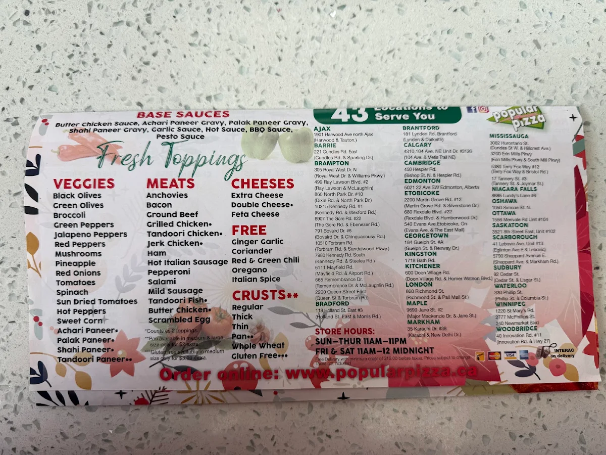 Menu, Popular Pizza ( Kennedy and Wexford )