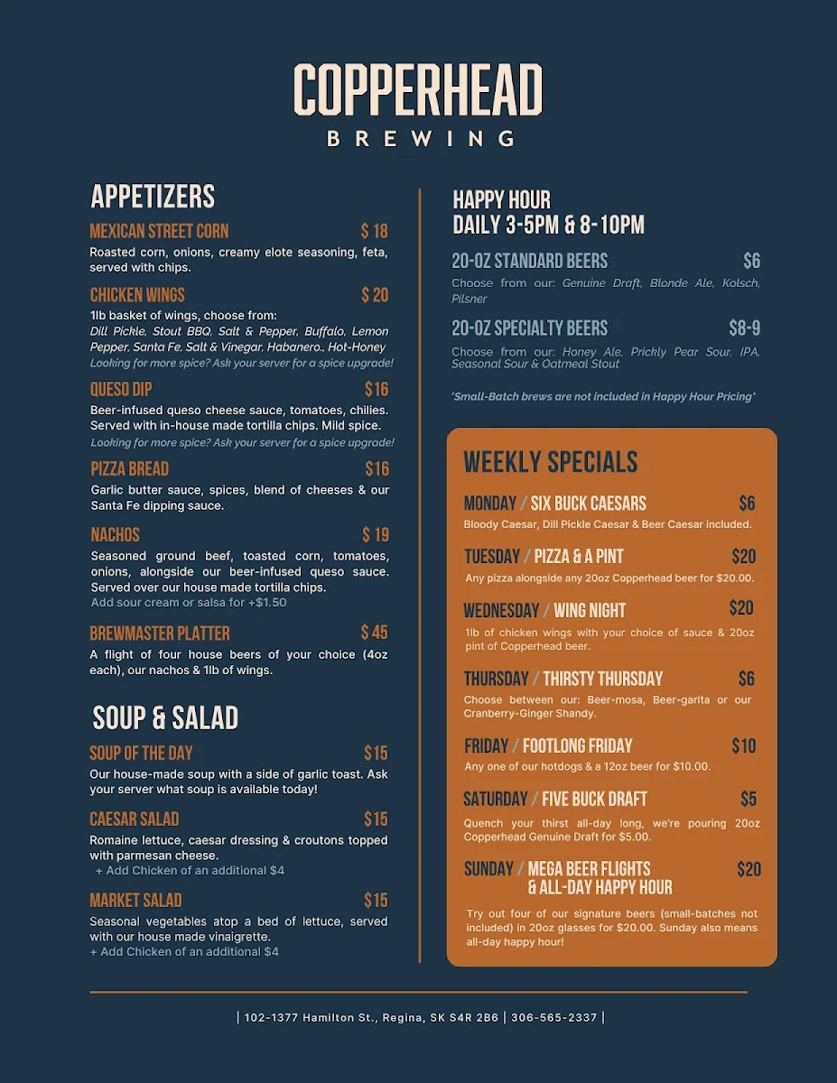 Menu, Copperhead Brewing Co