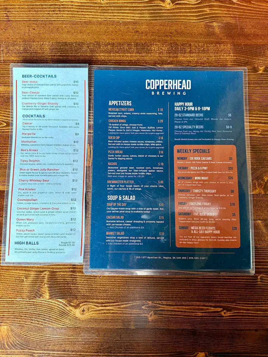 Menu, Copperhead Brewing Co