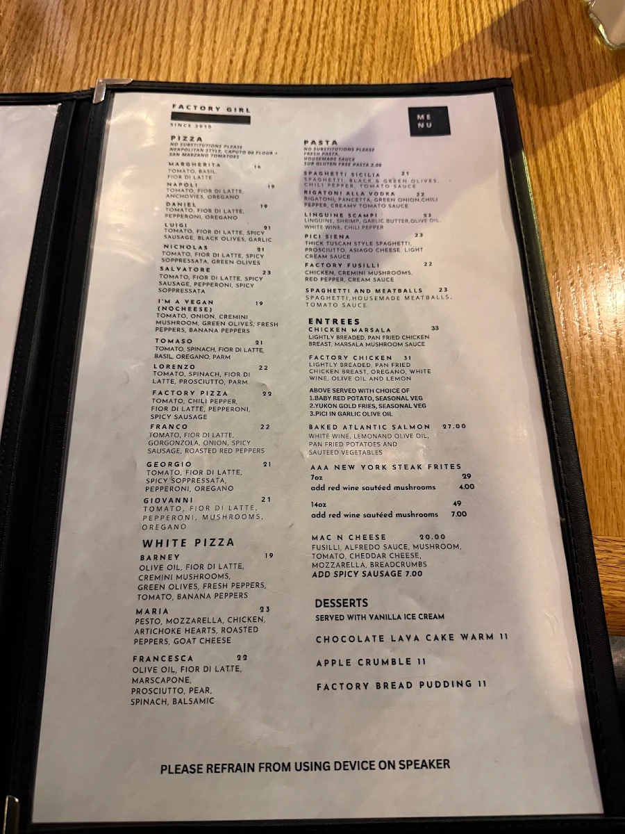 Menu, Factory Girl