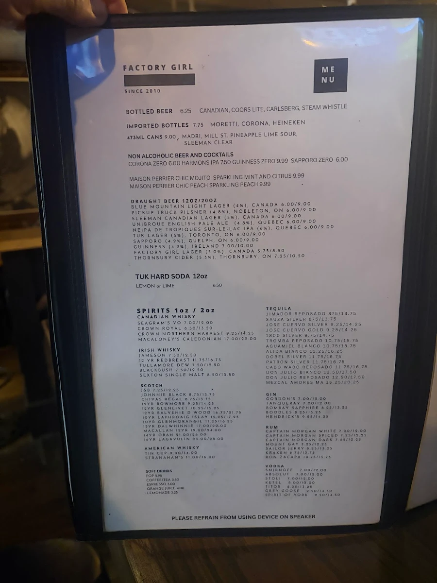 Menu, Factory Girl