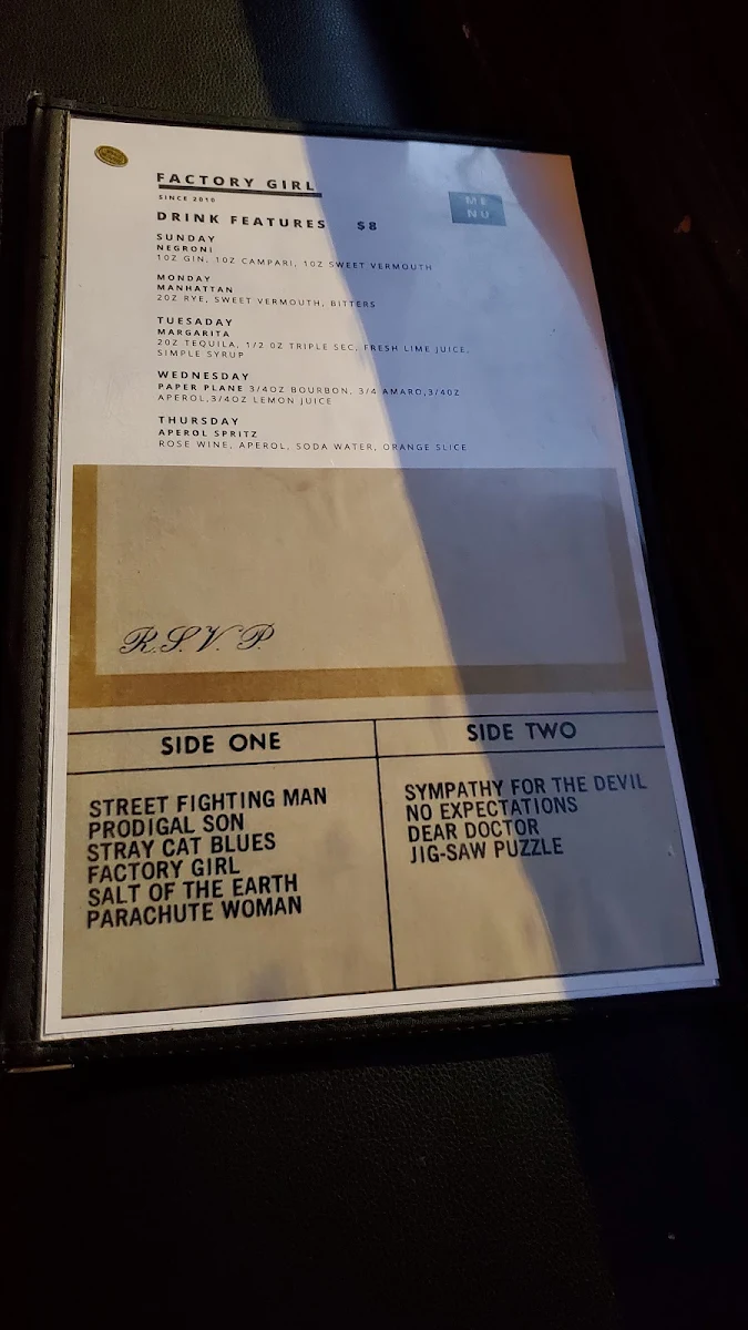 Menu, Factory Girl