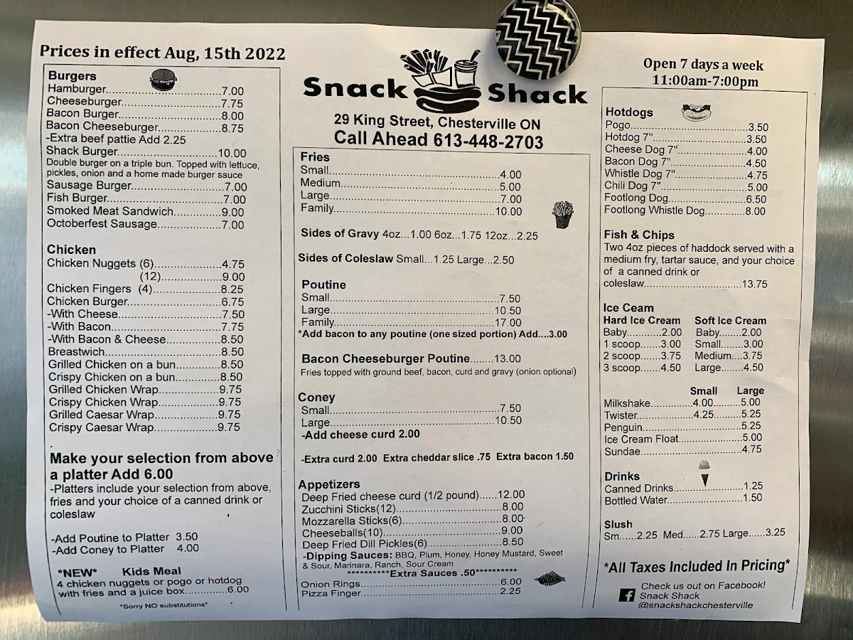 Menu, Snack Shack