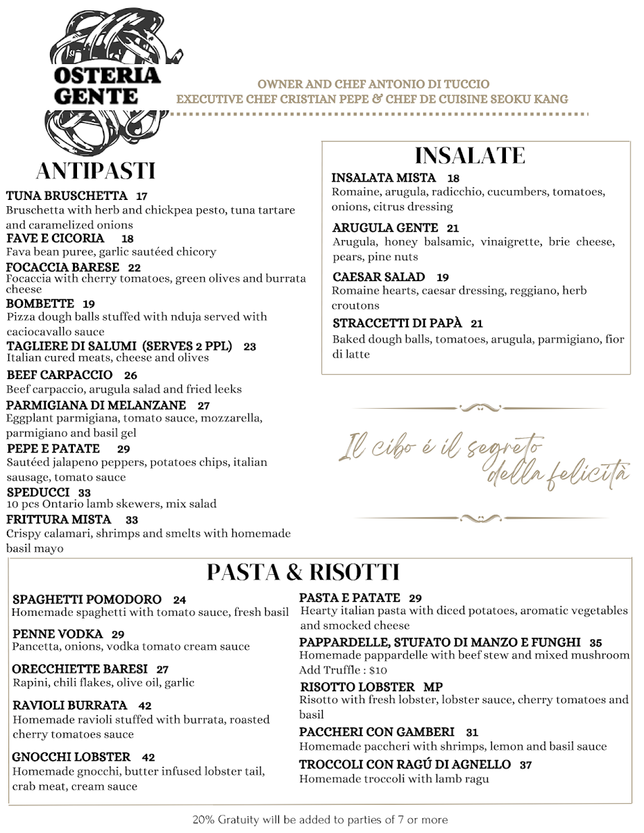 Menu, Osteria Gente