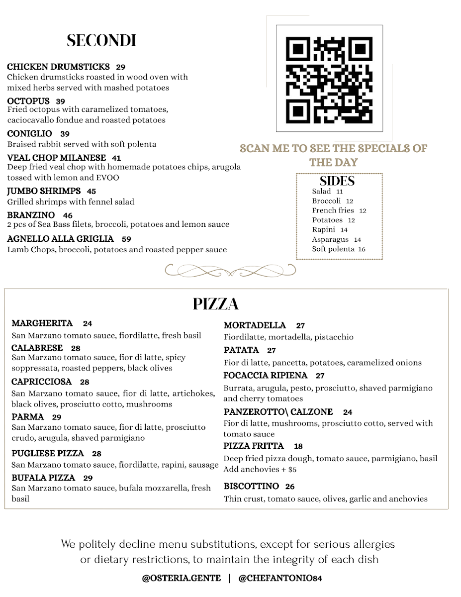 Menu, Osteria Gente
