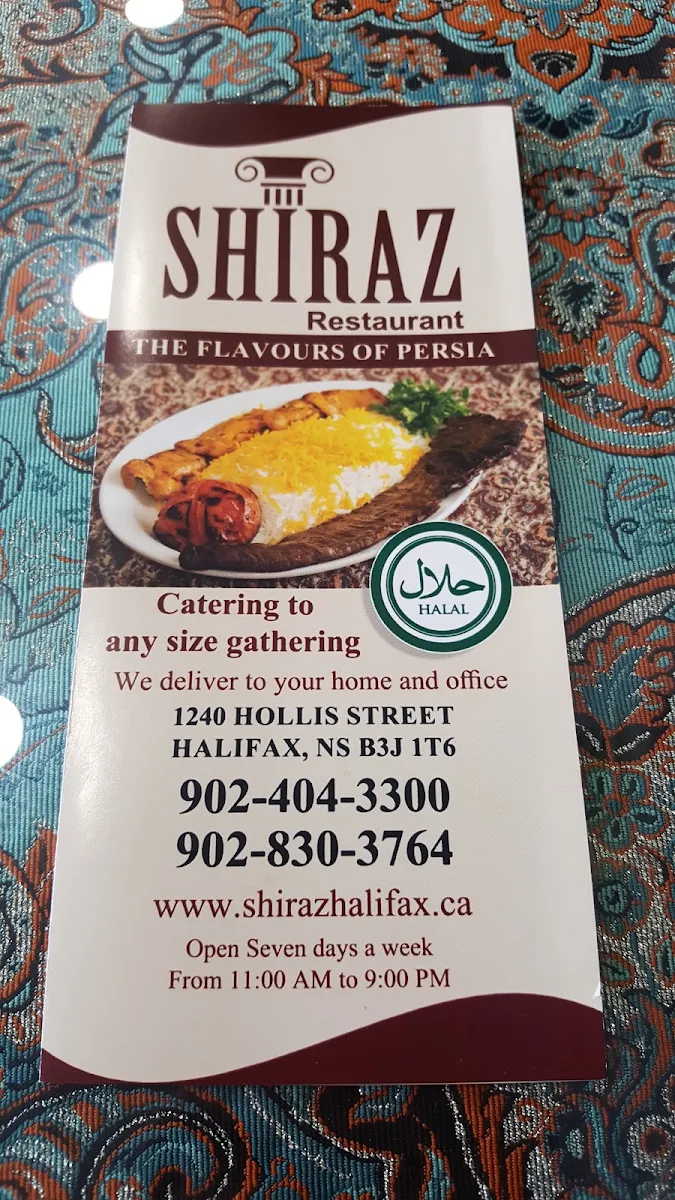Menu, Shiraz Restaurant