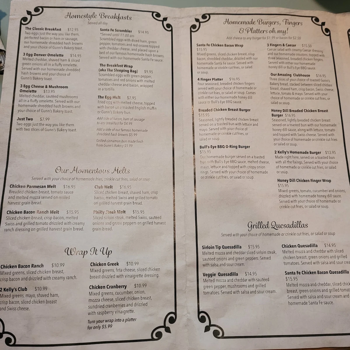 Menu, Two Kelly's Cafe
