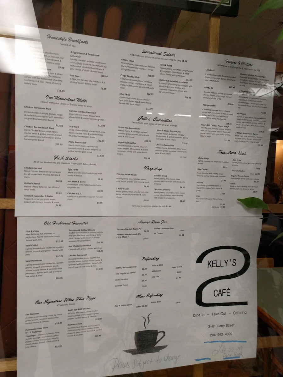 Menu, Two Kelly's Cafe