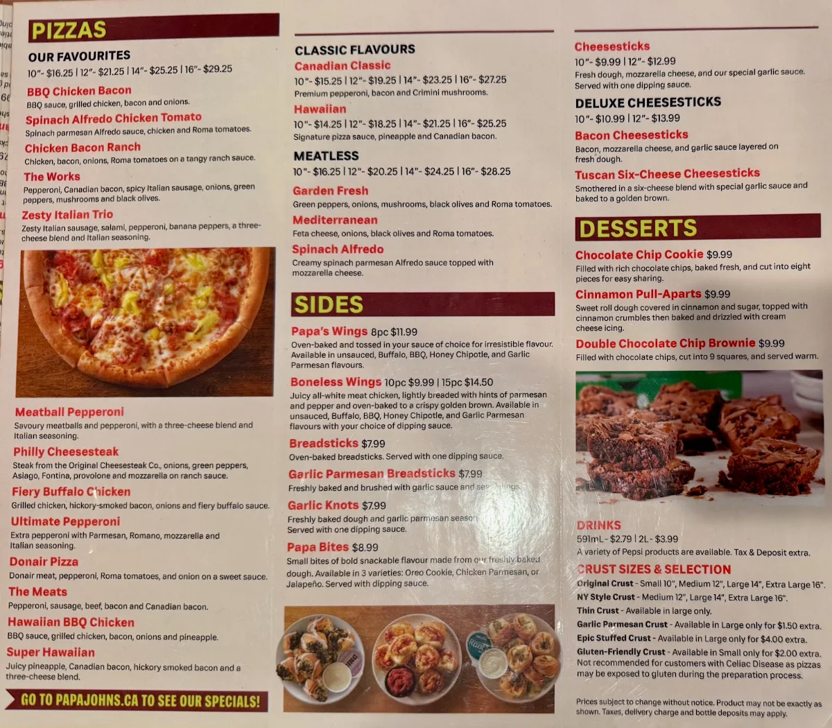 Menu, Papa Johns Pizza