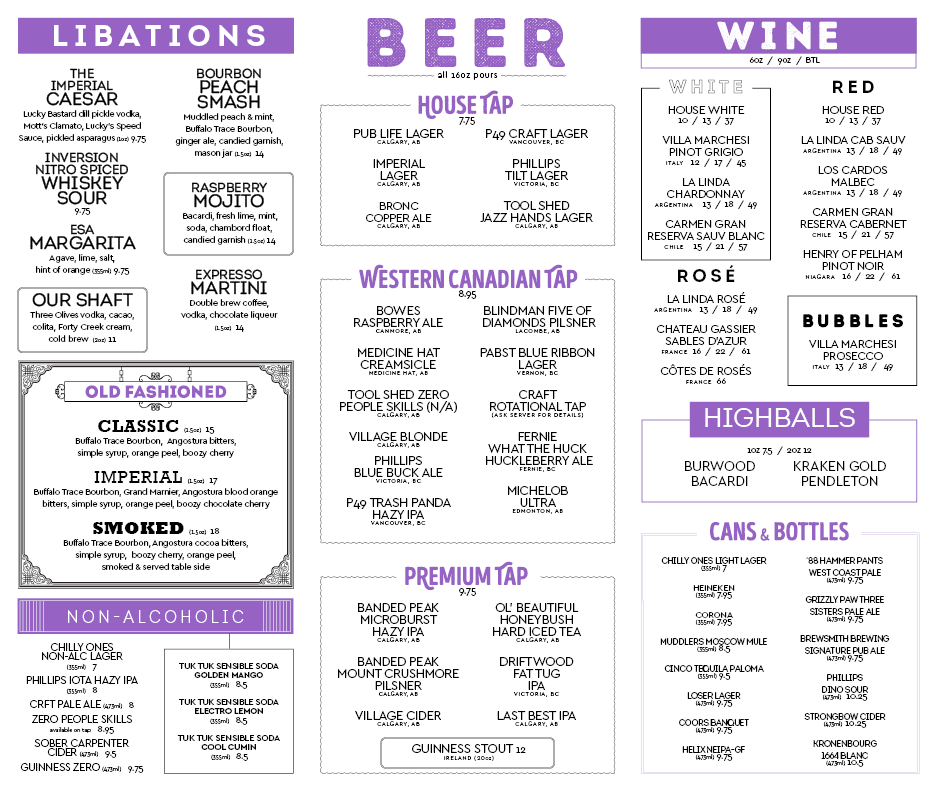 Menu, The Imperial Tap