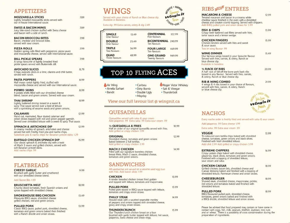 Menu, Wing'n It Restaurant - Grande Prairie