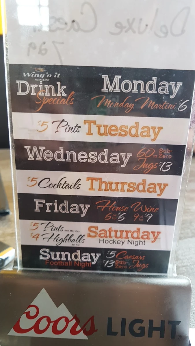 Menu, Wing'n It Restaurant - Grande Prairie